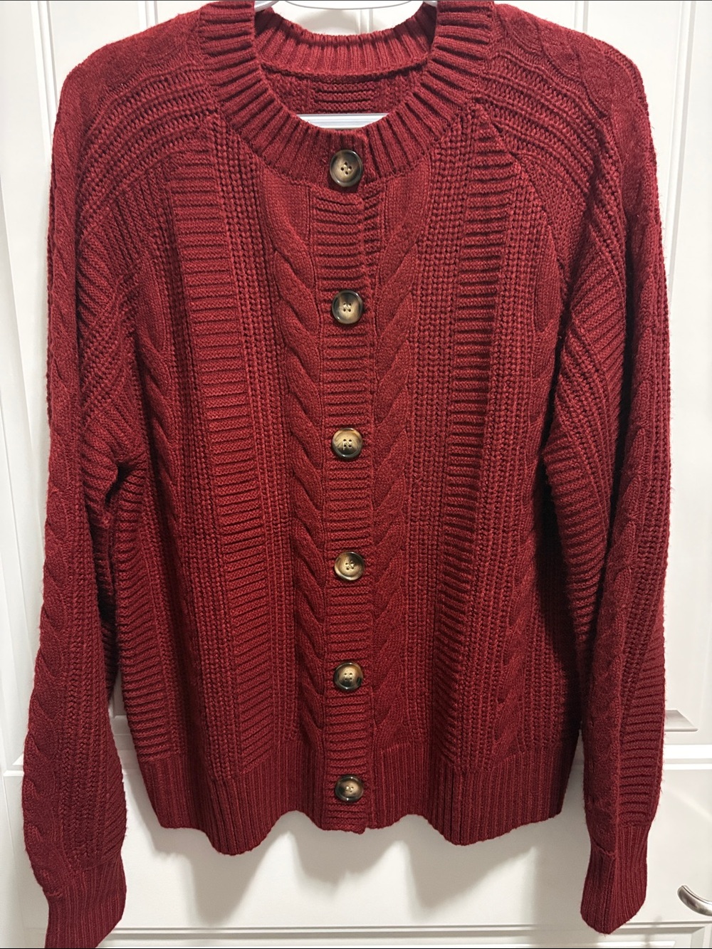 Women’s Red Cable Knit Button Front Cardigan Sweater 22” P2P